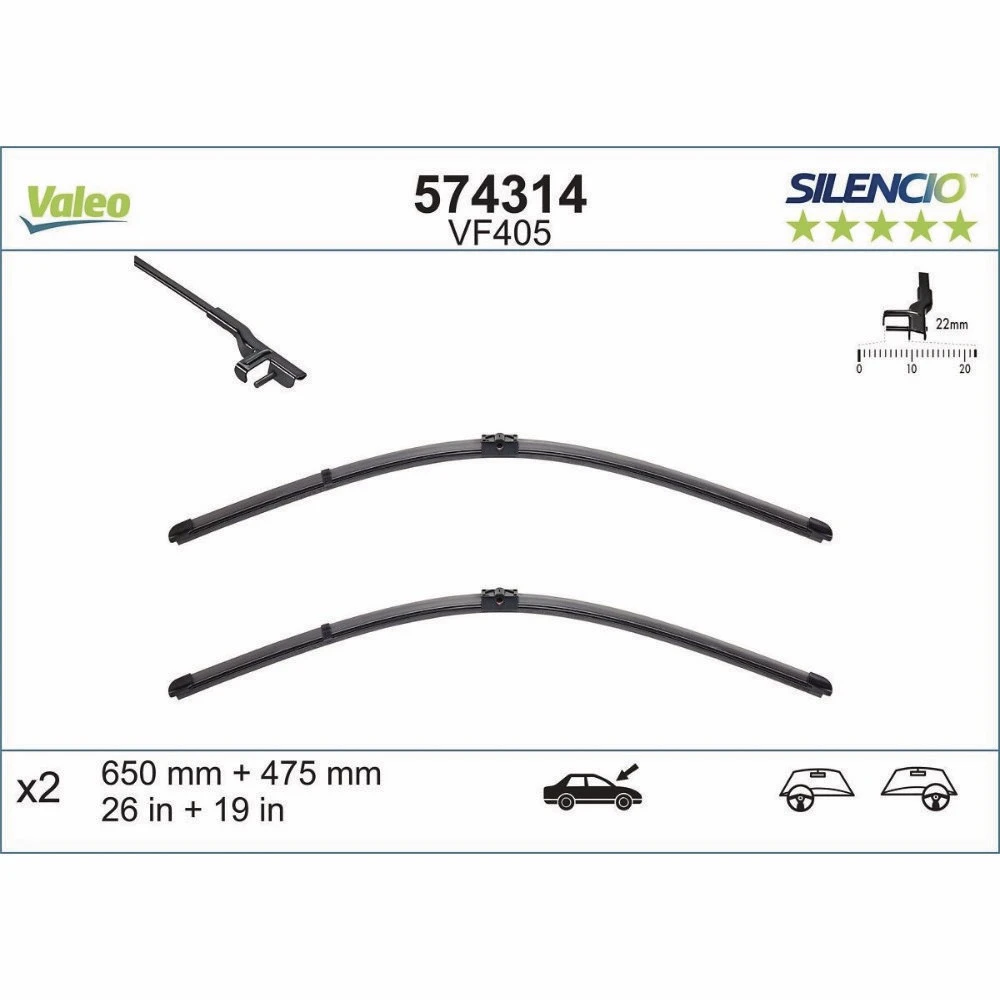 Pióra wycieraczek przód Valeo Silencio Flat do Citroen C5 1 DC | DE liftback 10.2004-03.2008 side pin wiper arm | flat rear wiper