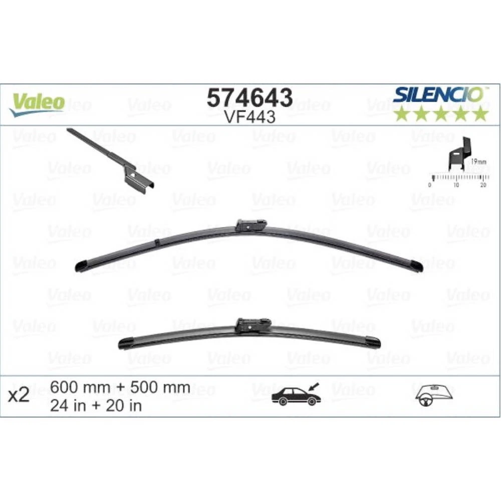 Pióra wycieraczek przód Valeo Silencio Flat do BMW X5 E70 SUV 04.2012-06.2013 mocowanie przycisk