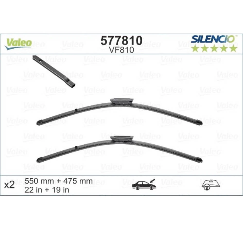 Pióra wycieraczek przód Valeo Silencio Flat do Renault Symbol L8 sedan 04.2015-12.2021 mocowanie bagnetowe